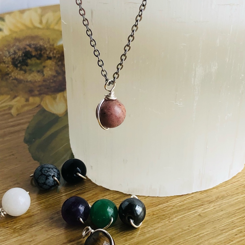 Rhodonite crystal pendant necklace handmade wire wrapped necklace